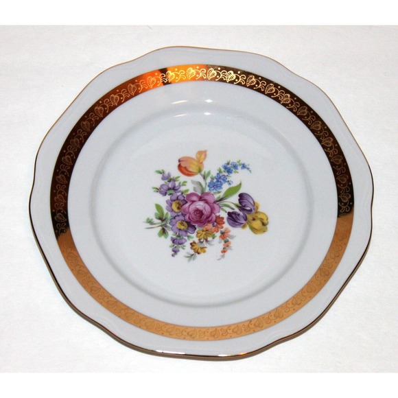 Carlsbad Plate Fine Porcelain Czechoslovakia Floral Gold Rim Bohemia Flowers - Picture 1 of 3